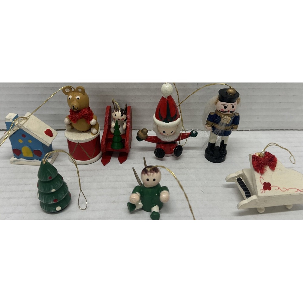Vintage Wooden Christmas Ornament Lot of 8 Santa Piano Tree Bear Drum Sled